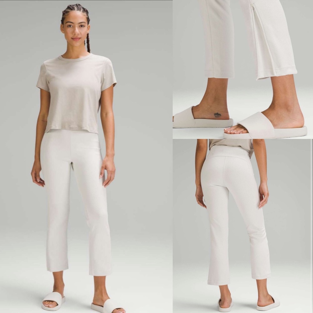 Lululemon Cream/Off-White Ribbed Softstreme Zip-Leg High-Rise Cropped Pants 25”
